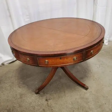 Vintage English Regency Style Drum Rent Table w/Leather Top Drawers