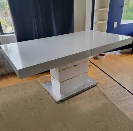 Midvale modern expandable dining table white lacquered finish pedestal