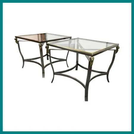 Hollywood Regency Glass Top Lion Head Accent Tables, Pair