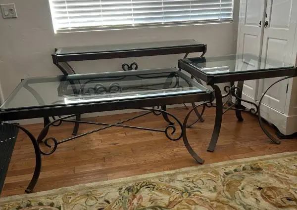 Three matching contemporary glass top tables for living room