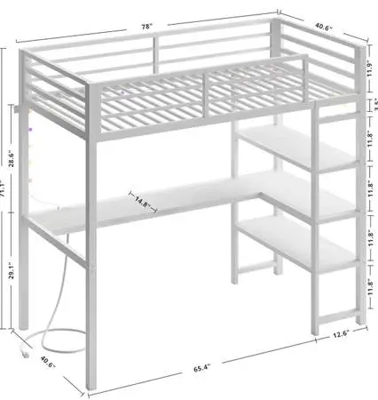 Loft Bed Twin Size with L Shaped Desk and Shelves