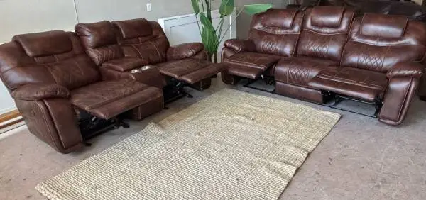 RECLINER/ROCKER LEATHER COUCH AND LOVE SEAT, DELIVERY AVAILABLE