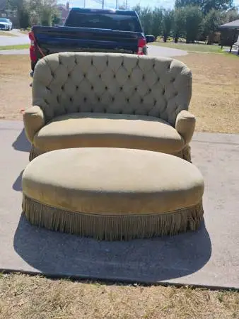 High Back Olive Green Curved Sofa/ Ottoman