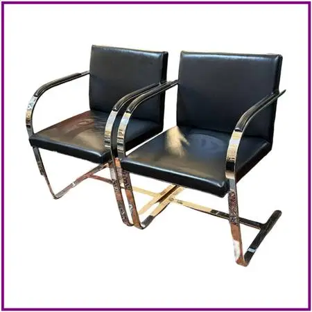 Brueton Cantilever Leather + Chrome Chairs, Pair