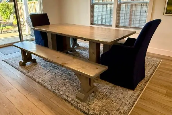 Custom Solid Ponderosa Pine Dining Table, Two Benches & Two Restoration Hardware
