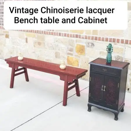 Provincial Chinese Splayed Leg Bench with Chinoiserie Cabinet