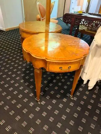 1970s antique walnut side tables featuring a round sunburst pattern to