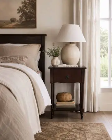 Pottery Barn Style Nightstand Bedside Table Drawer + Shelf Wood Espresso Scallop