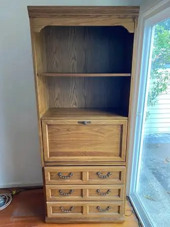 Thomasville Oak Wood Wall Unit Cabinet Drop Down Secretary Desk Drawer