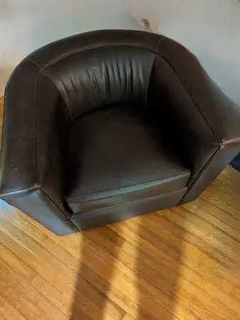 Leather swivel chair & maple vanity with mirror