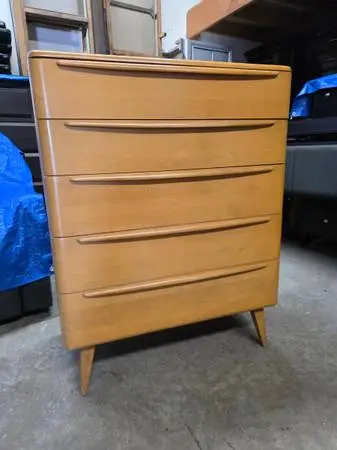 MCM Mid Century Modern Wheat Color 5 Drawer Tallboy Dresser