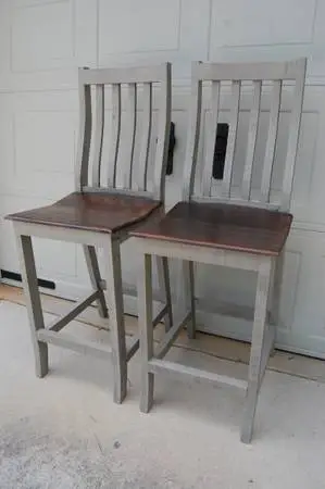 Two Gray Farmhouse Bar Stools with Stained Seats - Brand New