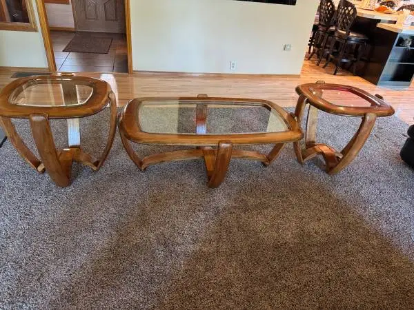 Unique & Beautiful! Solid Wood W/Beveled Glass Coffee & End Tables!!