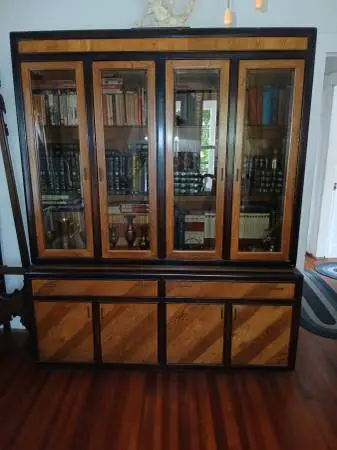 Two Tone Solid Oak / 2 piece Book shelf unit with glass doors & lights