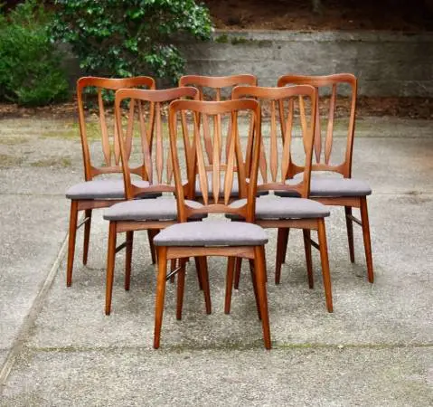 Six restored Danish teak Ingrid dining chairs by Niels Koefoed