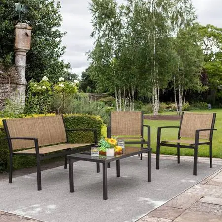 New 4 Pieces Outdoor Patio Furniture Set Conversation Set with Glass Coffee Tabl