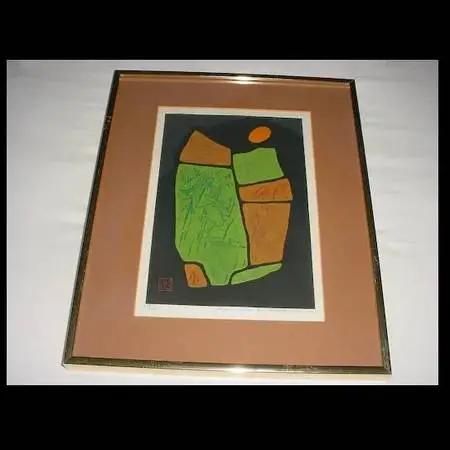 OLD SIGNED HAKU MAKI JAPANESE MODERN WOODBLOCK ART PRINT ABSTRACT POEM