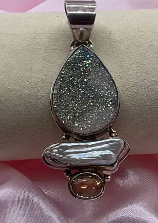 Sterling Silver Gold Copper Druzy Pearl  & Citrine Pendant