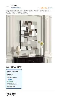 Large 44.3 x 29.5 Rectangle Wall Decor Art Grecian Venetian Mirror