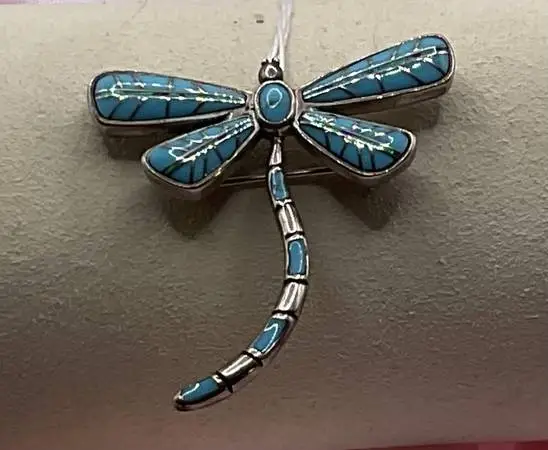 Zuni Sterling Silver Turquoise & Opal Dragonfly Brooch/Pendant