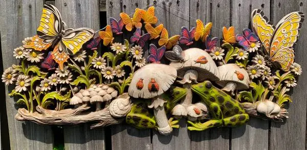 Antique Resin molded wall décor of flowers, butterflies, mushroom, lad