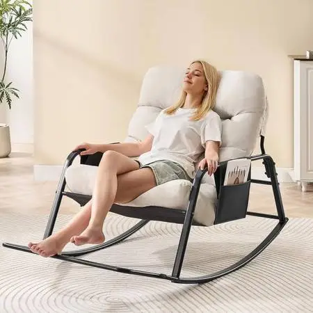 Patio Rocking Chair with Cushion, Papasan Chair with Footrest, Cream White Indoo
