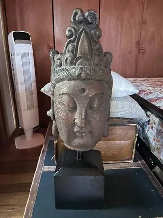 12 H x 7 W Buddha Head Sculpture on Wood Stand