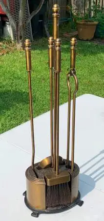 Antique L.R. Nelson heater or fireplace tool set, Brass