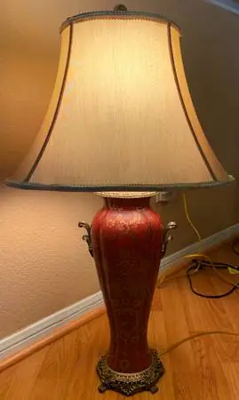 Vintage Oriental Brass Ceramic Floral Table Lamp with shade