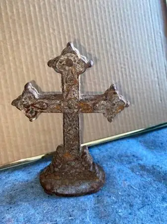 Cast Iron Cross on Stand Double Sided Rustic 7 inches tall 5 inches lo