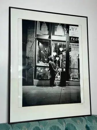 Saxophone player at night from 1999 black/white framed large poster