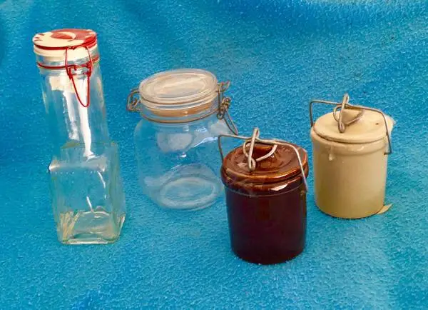 2 glass & 2 stoneware crocks - $5 each