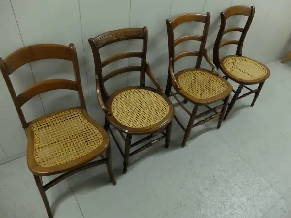 Circa 1900 Cane Seat Ladder Back Dining Chairs - Four (Set #1)
