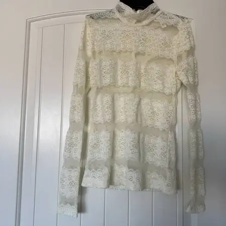 Romantic Vintage-Inspired Ivory Lace High-Neck Blouse – Sheer Floral Lace, Lon