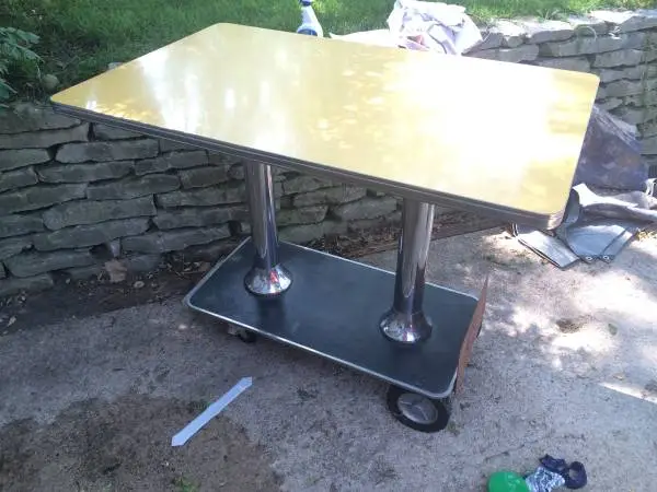Vintage 40s 50s Double Pedestal Chrome w/Yellow Diner Table