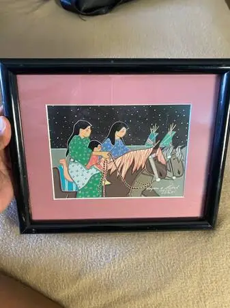 Virginia Stroud Native American Family Riding Horses 10”x12” framed