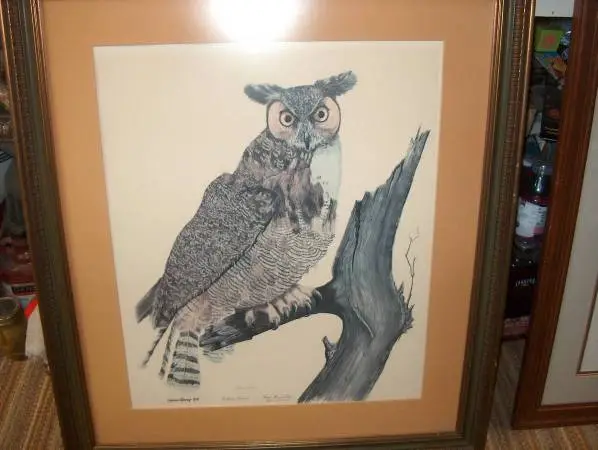 GENE GRAY 69 SIGNED FRAMED PRINT. GREAT HORNED OWL.