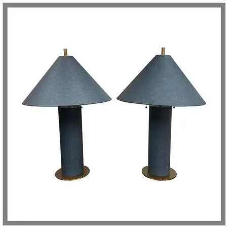 Crate & Barrel Large Remi Navy Blue Linen Table Lamps, Pair