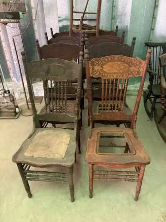 Set of (8) Antique Wood Larkin Kitchen Chairs for Restoration