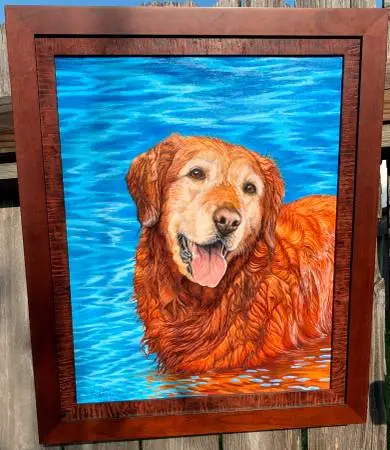 Framed original oil painting of Golden retriever dog