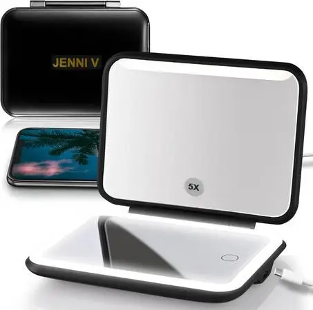 New JENNI V LED Compact Mirror with Light, 5X Magnification, and Power