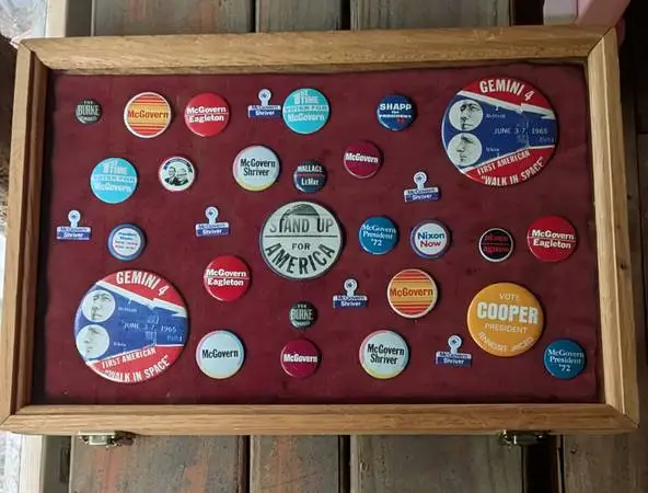 VINTAGE PRESIDENTIAL ELECTION PINS & GEMINI 4 WALK IN SPACE PINS