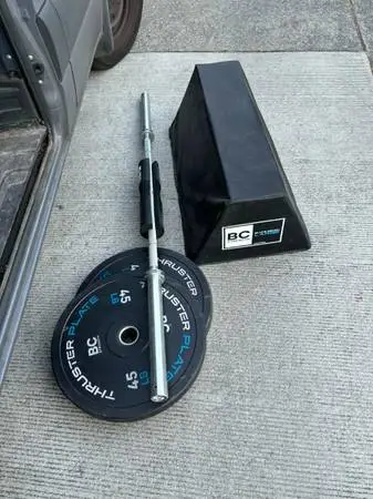 Gym Barbell, Bench, Bumper Plates