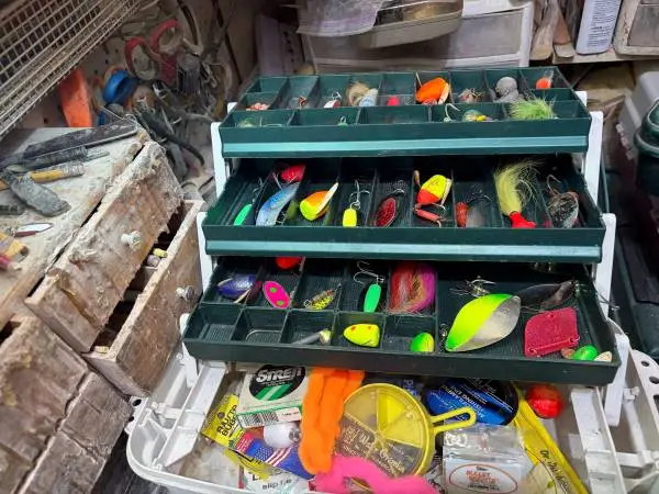 Fishing tackle in three tray plano box from friends estate