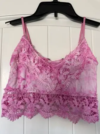 Pink Tie-Dye Lace Bralette Crop Top – Boho Festival Style Cami with Crochet La