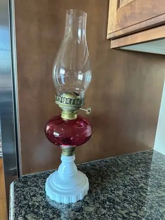 Vintage Fenton Cranberry Coin Dot Kerosene Oil Lamp - Milk Glass Base