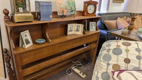 Vintage Full Size Bed with headboard shelves, footboard and rails.