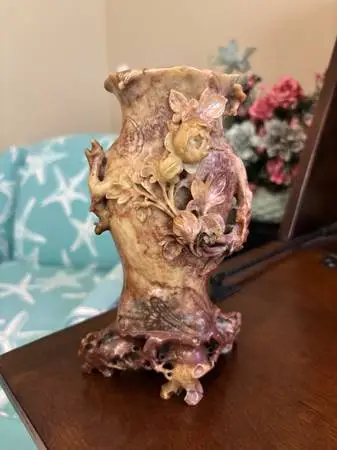 Antique Chinese Carved Soapstone Floral Vase, Sculptural High-Relief S