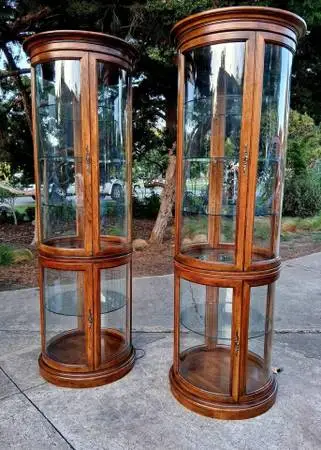 Beautiful Cylindrical Walnut & Glass Curio Cabinets