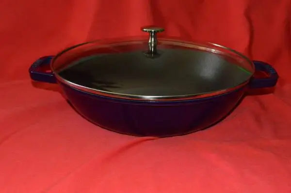 Staub 12 Inch Enameled Cast Iron Wok with Glass Lid Dark Blue Made in